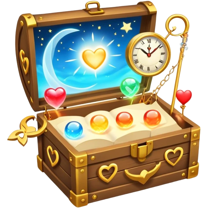 A glowing toolbox sits open, filled with five tiny symbols: a sunrise clock, a swirling scroll, three glowing orbs, a magic wand, and a heart-shaped hammock. Floating above is a soft spark, hinting at inner power. It’s not just a box—it’s a lifeline for clarity, ease, and joy. emoji
