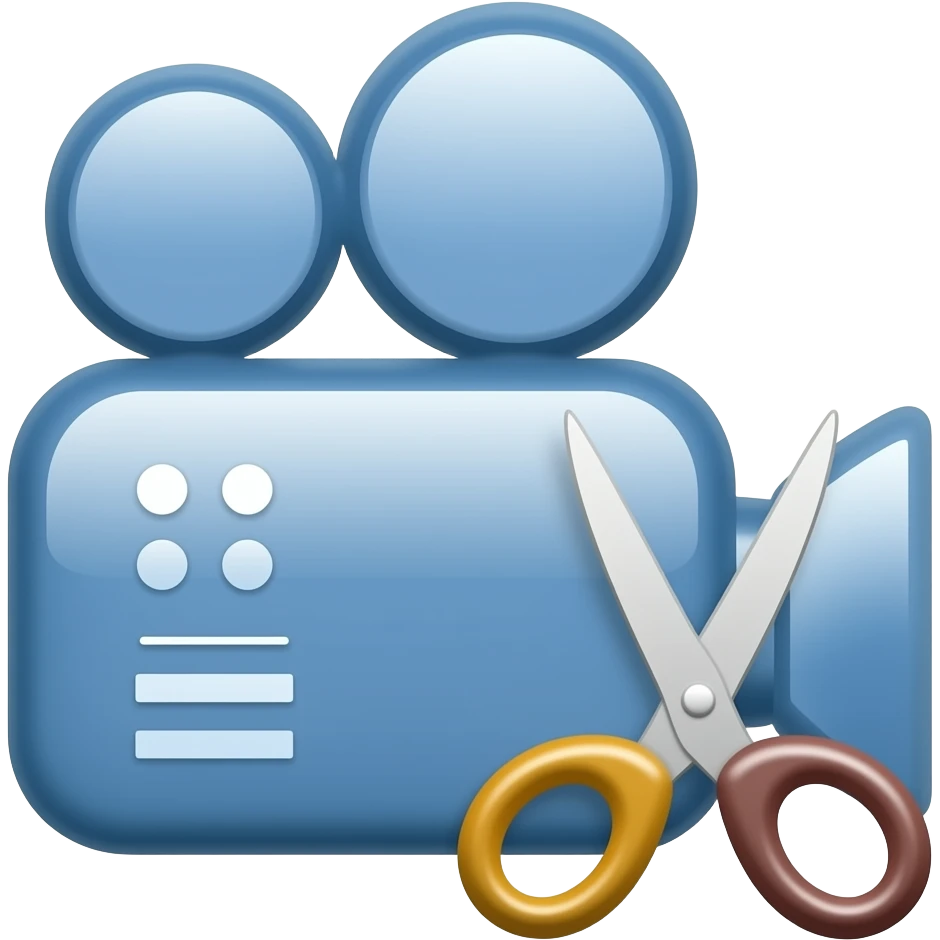 Glossy video editing icon by a video icon and scissor. emoji