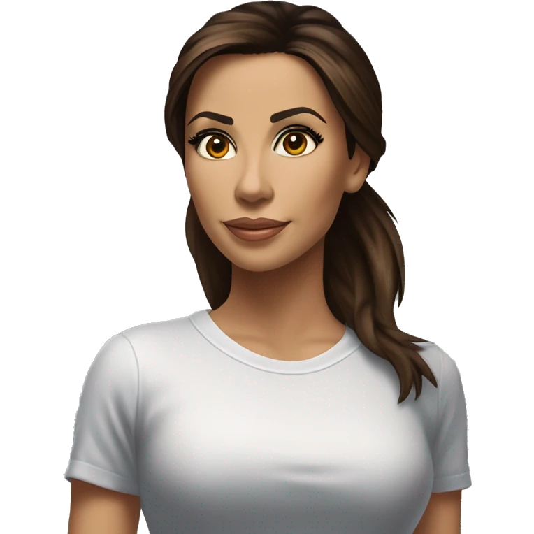 3/4 face, contrasted, shadow, light, Eva Longoria expression, standing from a distance, thin nose, brunette woman, hazel eyes, long eyelashes, dark shoulder shaded hair, white t-shirt, jeans, white sneakers emoji
