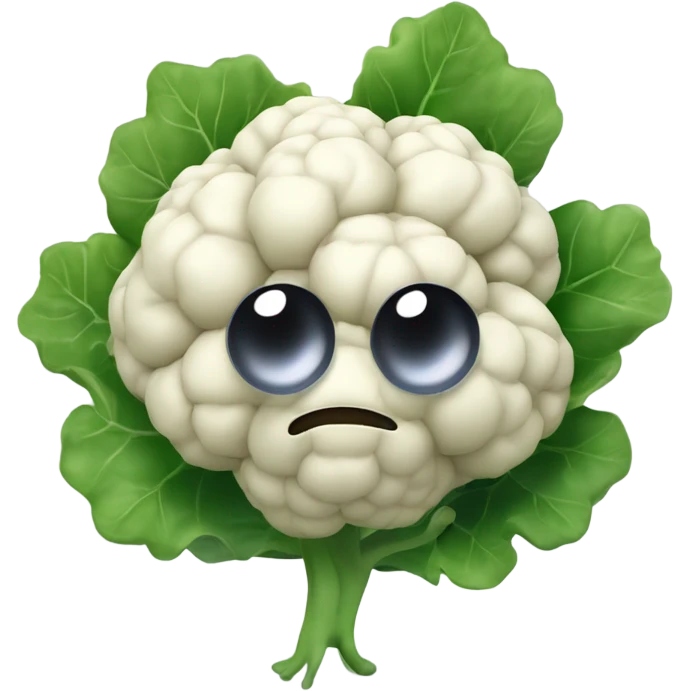3D cauliflower character with big eyes 👀, a few green leaves 🍃, and leafy hands holding a small mirror 🪞 while gazing into it. The character is floating in the air, no legs visible. emoji