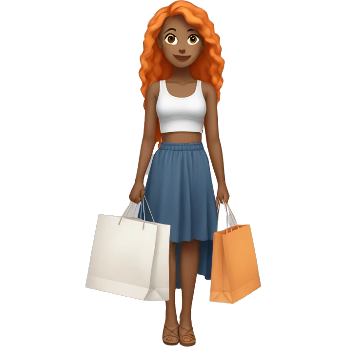 Tan girl with long orange hair wearing a skirt and crop top outfit holding shopping bags emoji