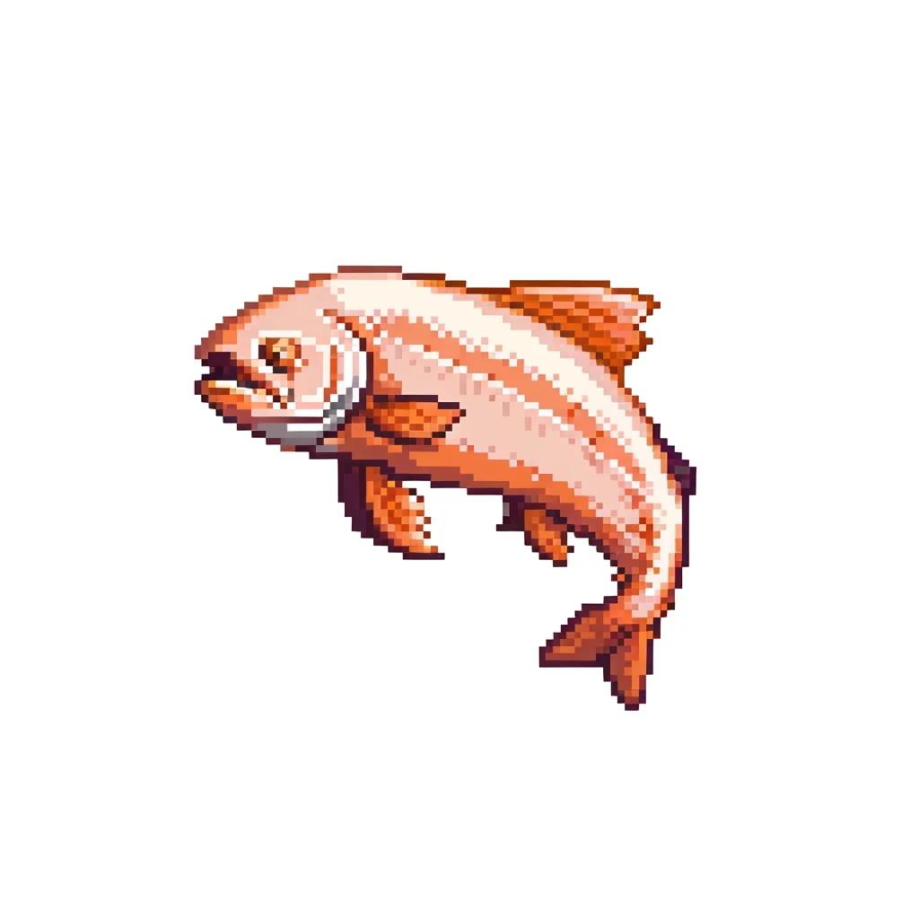 Minecraft salmon fish item texture, eye pointing down-left at 45-degree angle, orange-pink color, simple square texture, pixel art style emoji