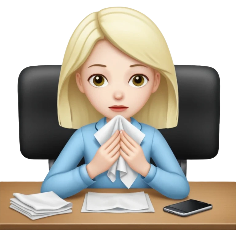 хвора дівчина сидить в офісі за столом, у неї в руках хустинка emoji