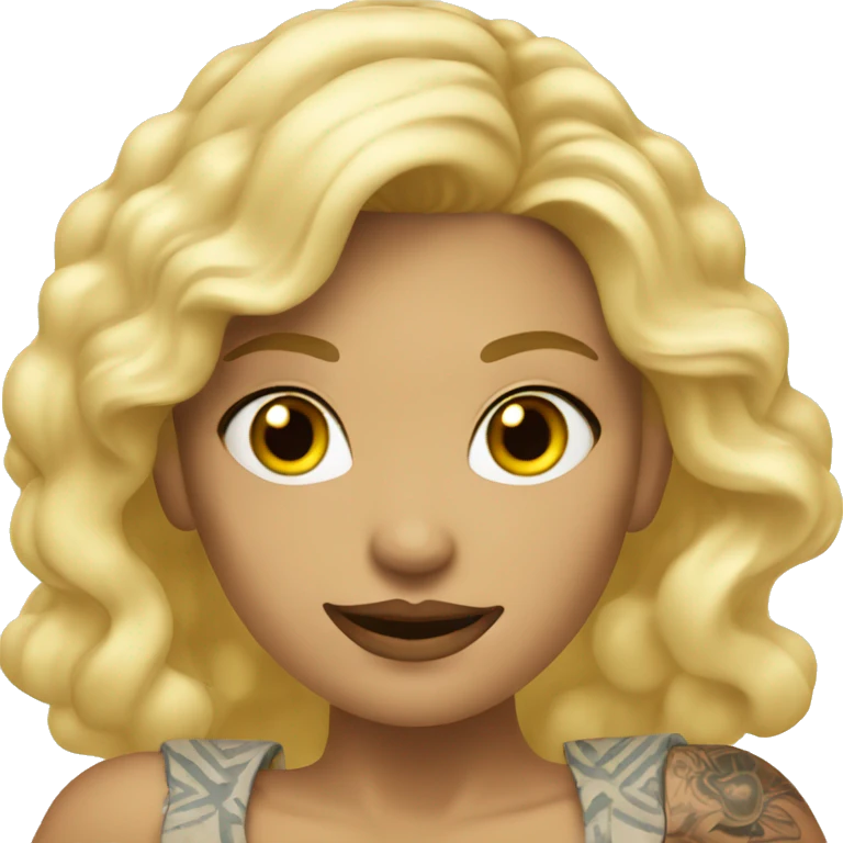 Blonde women in mini dress with tattoos on the body everywhere, and her hand pointing forward emoji