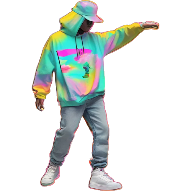 Multicoloured neon Vaporwave person hoodie dancing hip hop bucket hat tropical Skater fashion aesthetic baggy clothes graphic t shirt 420 emoji