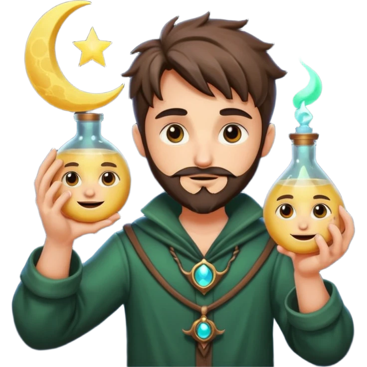 human forest alchemist character holding crescent moon like a glowing flask, mischievous idea face emoji