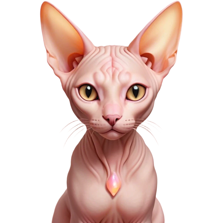 Cinematic Noble Sphynx Cat Portrait Emoji, Poised and regal, with smooth, hairless skin in warm peach and soft pink tones, striking large ears and intense almond-shaped eyes, Simplified yet sharp and sophisticated features, highly detailed, glowing with a soft, dignified glow, high shine, intelligent and graceful, stylized with an air of elegance, focused and attentive, soft glowing outline, capturing the essence of a watchful and refined feline, so majestic it feels as though it could glide across the screen with effortless confidence! emoji
