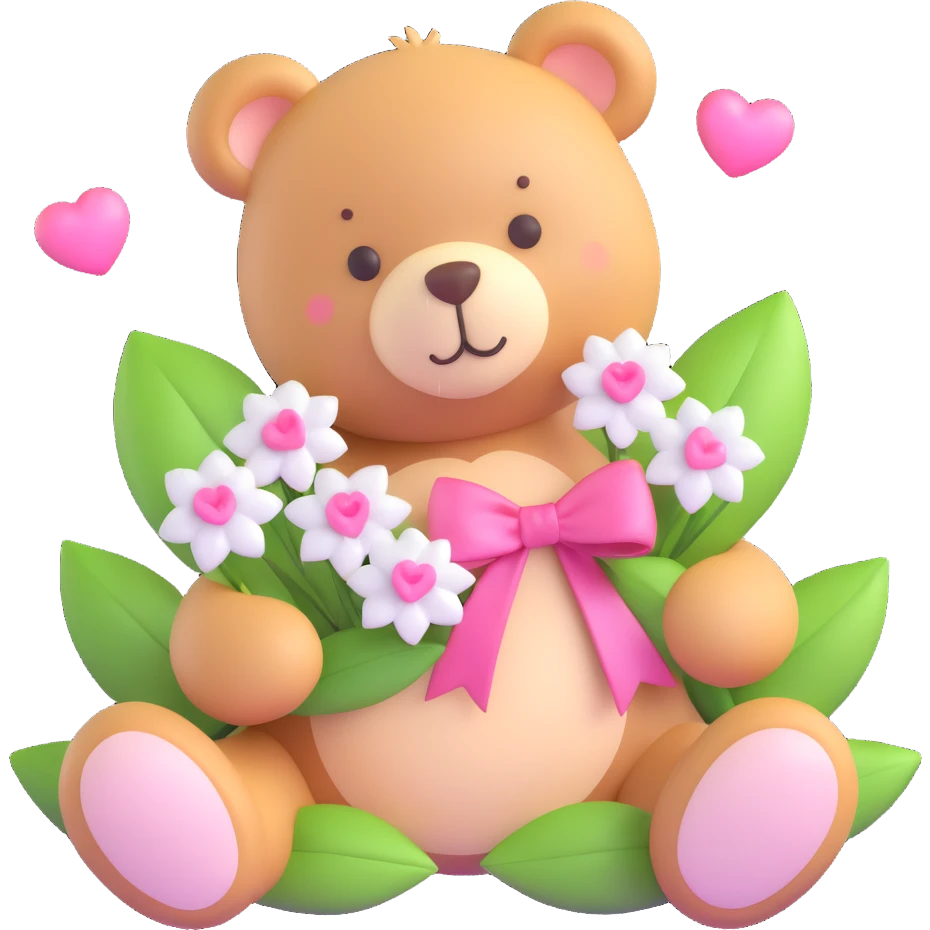 a teddy bear with a pink bow on its head, holding a bouquet of white flowers with green leaves, and small pink hearts floating around emoji