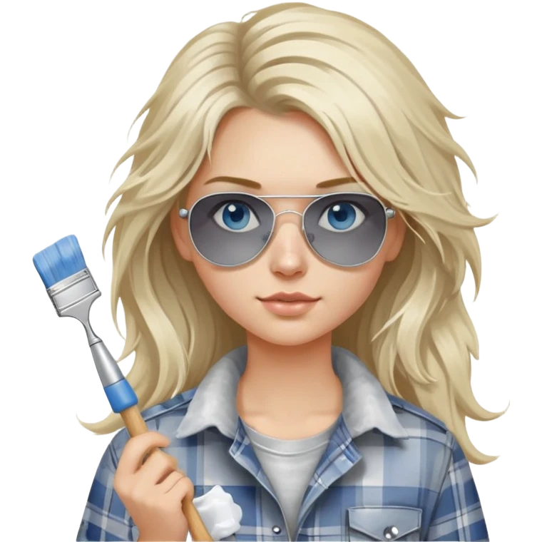 girl with long blond messy hair, white paint on her face wearing grey plaid shirt with blue eyes and aviator sunglasses wearing a ring on her silver necklace, holding a paint brush roller emoji