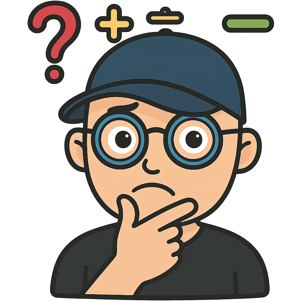 Add a baseball cap to the bald headed man with glasses and math symbols over his head, thinking expression. Keep the background transparent. emoji