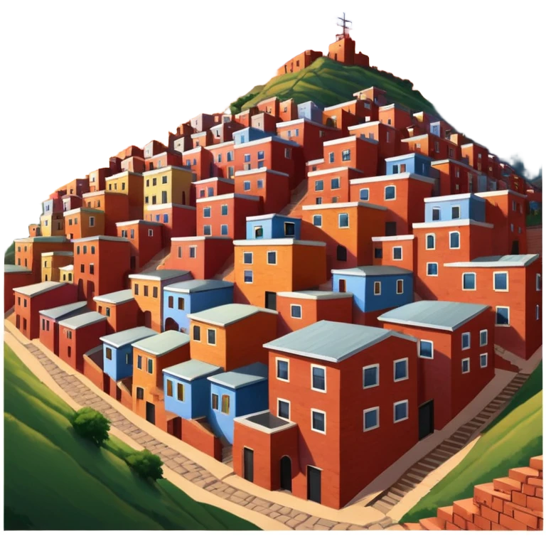 Urban Peruvian hillside neighborhood, brick houses stacked on steep hills, unfinished red brick buildings, colorful painted facades, narrow stairways, electric cables crossing the sky, sunset lighting, realistic style, cinematic, high detail emoji