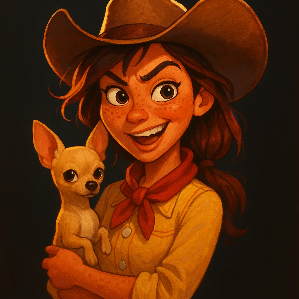 Portrait of a tanned female cowboy with freckles, brown hair with auburn highlights, rebellious and playful expression, Pixar art style, holding a beige-brown chihuahua, dark background, bright illustration, large expressive eyes, vivid colors emoji