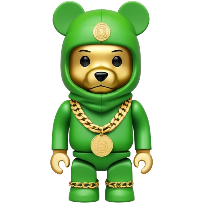 geometric bearbrick with lime balaclava filled with street brand logos graffiti style, wearing multiple heavy gold chains, cuban links and gold medallion, hip hop style emoji