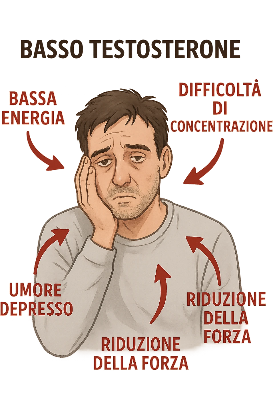  un uomo con espressione affaticata, circondato da frecce rosse che evidenziano sintomi di testosterone basso. Le frecce sono accompagnate da scritte in italiano come “Bassa energia”, “Difficoltà di concentrazione”, “Umore depresso”, “Riduzione della forza”. L’ambiente è semplice, con colori neutri e dettagli realistici. emoji