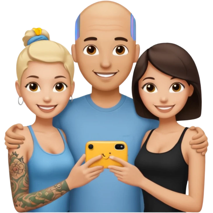 throuple tatted bald boyfriend with blonde girl friend and brunette girlfriend emoji