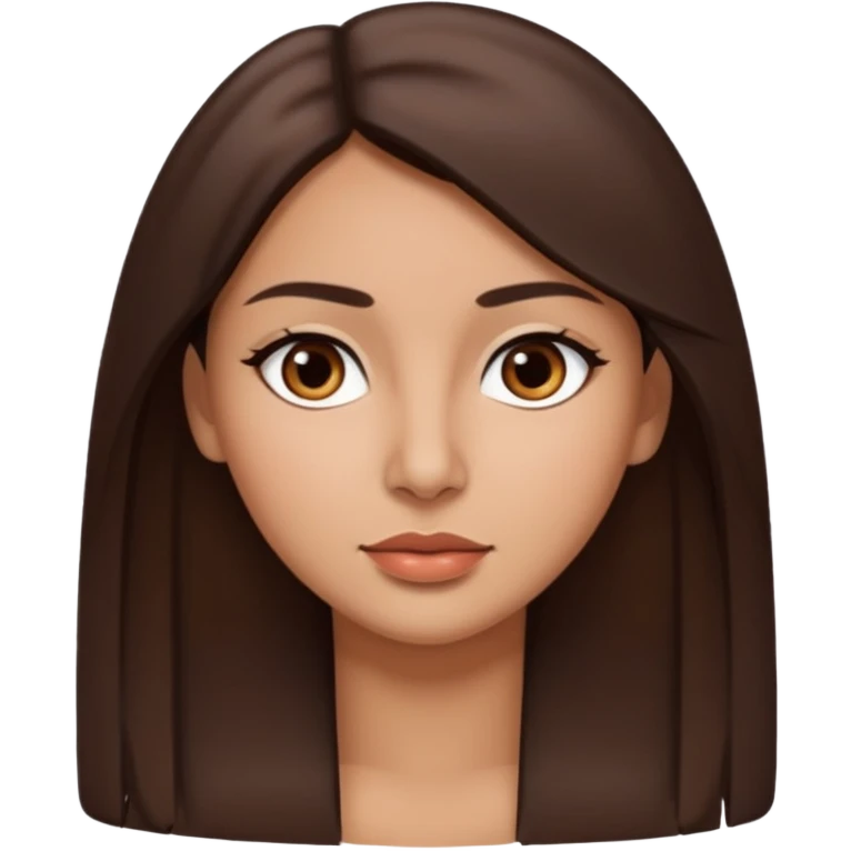 Morena, cabello liso hasta los hombros, ojos pequeños maron oscuro, nariz pequeña, labios gruesos emoji