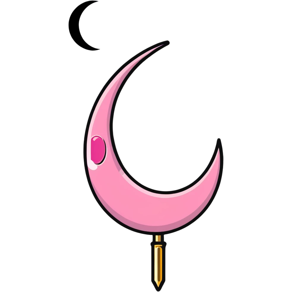 Sailor Moon's Crescent Moon Stick, a pink wand with a gold crescent moon on top and a circular silver gem in the center emoji