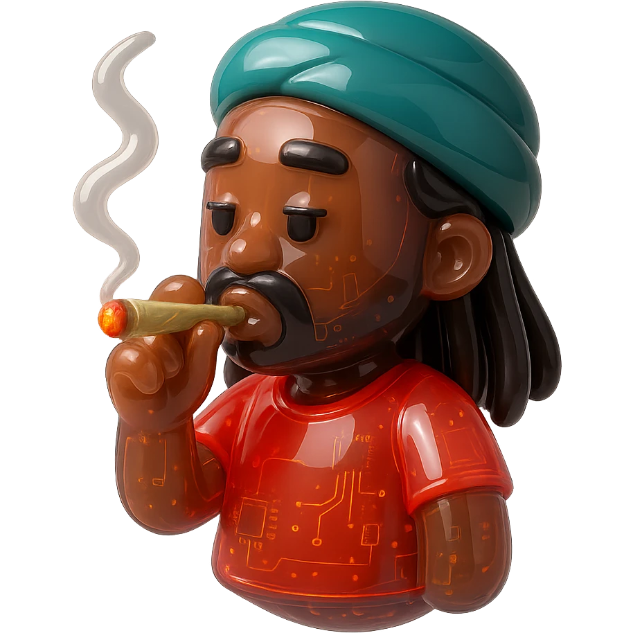 Brownskin man with long brown dreadlocks 
red t-shirt 
black turban 
expression is smoking weed  emoji