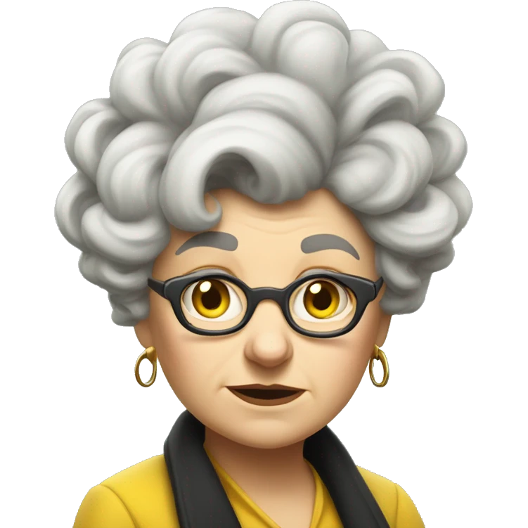 one old, curvy woman, white face, hufflepuff, grey and curly and wild hair, madame sprout, not amused,  emoji