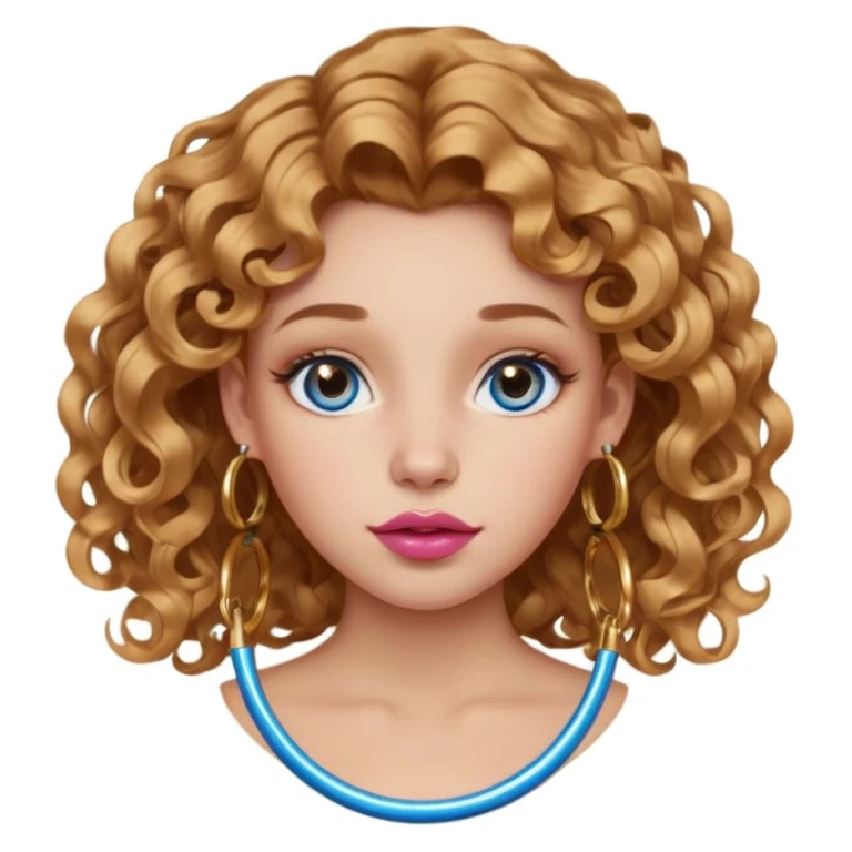 girl with light brown honey wavy hair (subtle side part and 2b curls). blue eyes. one golden nostril piercing (hoop). 6 golden hoop earrings. one golden hoop helix piercing. pink big lips.  emoji