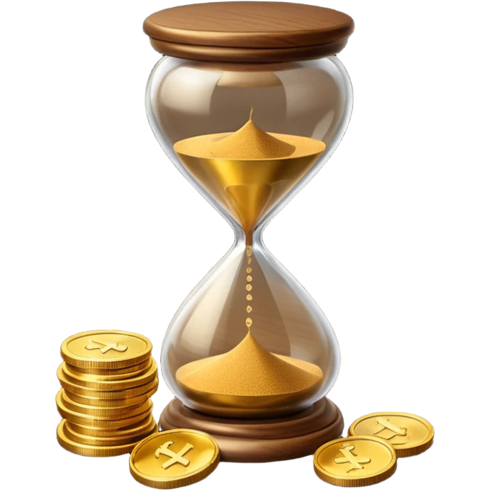 Realistic 3D render of a stack of shiny gold coins with brown hourglass beside it. The hourglass has transparent glass with dark golden-brown sand flowing inside and warm brown top and base. Soft lighting, clean white background, smooth shadows, high detail, symbolizing time and wealth. emoji