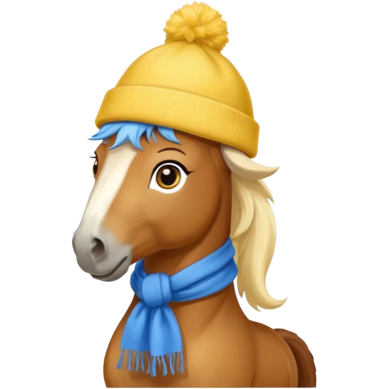 a fabulous funny winter horse in a yellow hat with a blue scarf emoji