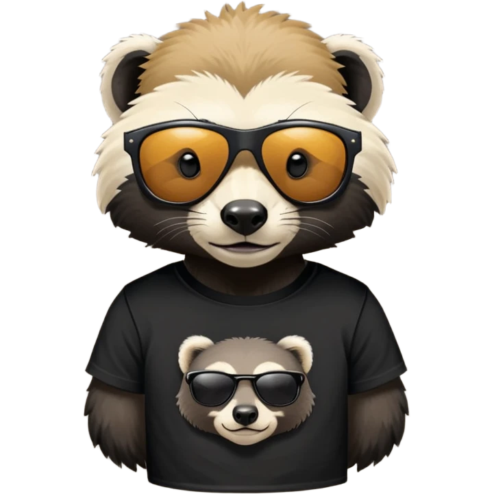 friendly anthropomorphised honey badger, close crop showing head, neck, and top of t-shirt with a graphic print, wearing sunglasses emoji