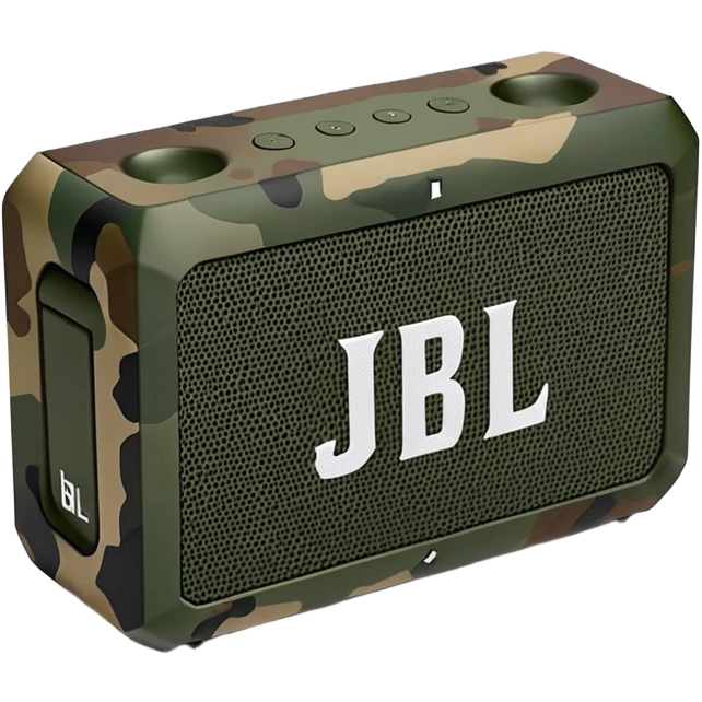 Minimalist JBL Go 4 portable speaker with military camouflage pattern, simple clean design, rectangular shape, subtle JBL logo emoji