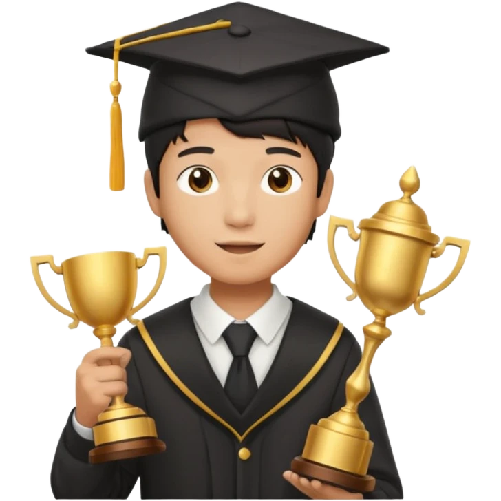 An asian man wearing student hat, holding a trophey emoji