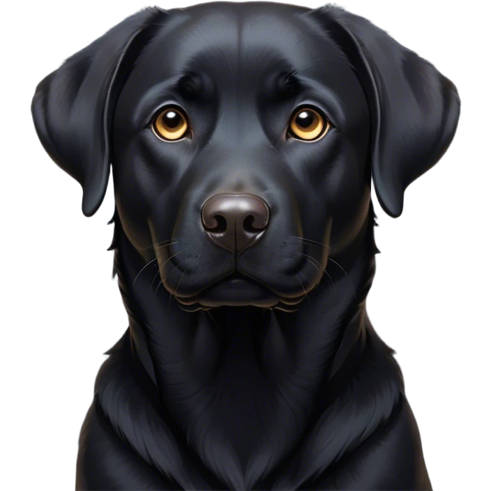Cinematic Noble Black Labrador Portrait Emoji, Poised and regal, with a robust, muscular build and a sleek, shiny pure black Fur, deep-set soulful brown eyes, Simplified yet sharp and sophisticated features, highly detailed, glowing with a soft, dignified glow, high shine, intelligent and gentle, stylized with an air of confidence, focused and attentive, soft glowing outline, capturing the essence of a watchful and loving companion, so majestic it feels as though it could bound out of the screen with effortless authority! emoji