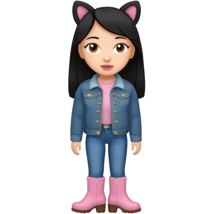 Gordita, ojos pequeños de color cafe oscuro, labios pequeños y rosados, piel trigueña, orejas pequeñas, cabello largo lazio y negro, pequeña. cuerpo completo. vestida con saco de lana jean y botas color café sin orejas emoji