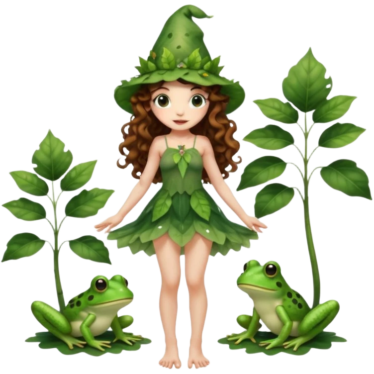 full body woman long curly brown hair brown eyes white skin tattoos wearing cute frog hat and sheer leaf dress, barefoot, flirty forest fairy pose emoji