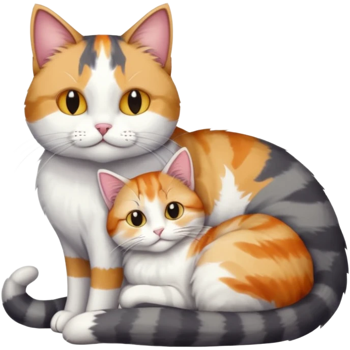 full body colourful light patched calico + white tabby cat cuddling a big grey and white cat  emoji
