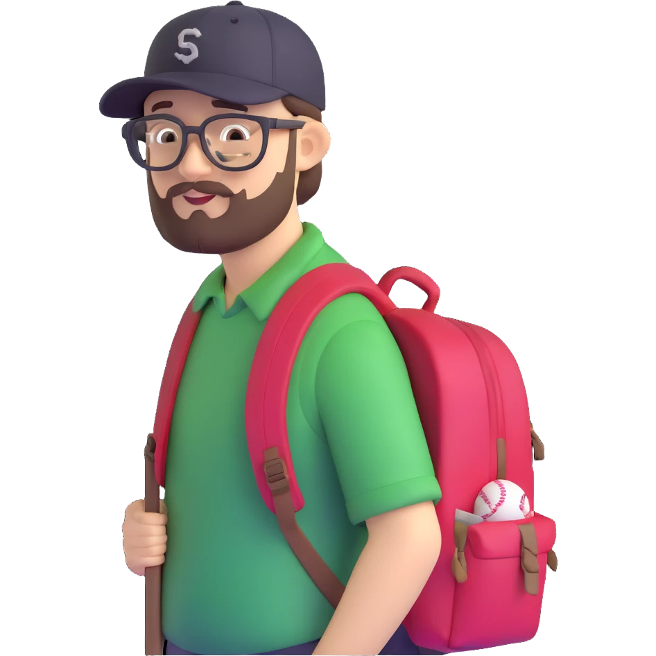adventurer with backpack, small beard, glasses and backwards baseball cap emoji