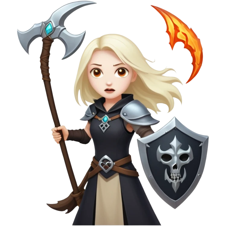 Necromancer girl with scythe and shield, beating a mage emoji