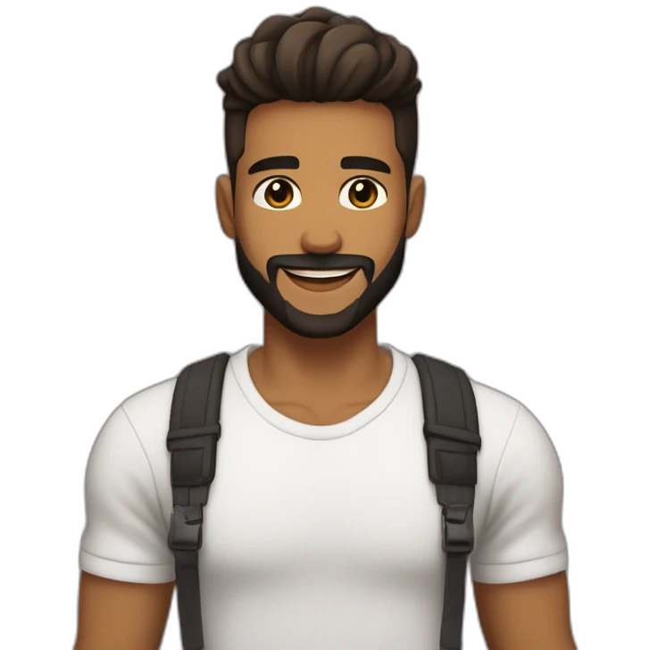 caramel brown skin male, black haircut hair with a skin fade haircut, good beard, white teeth, black t shirt approximately 32 years old, good beard, chest up, confident emoji
