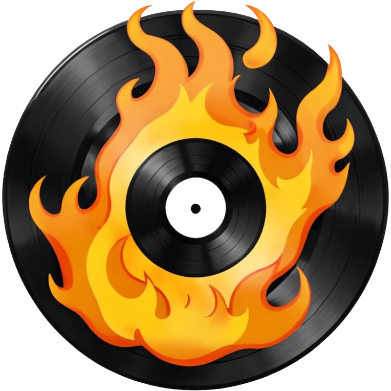a black vinyl record white sticker and flames  emoji
