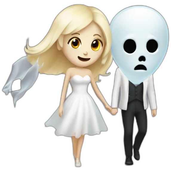 a blondie girl and a bald guy dressed as a ghost going both to a party emoji