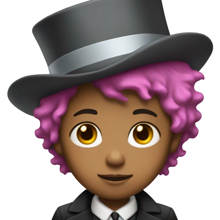 Nonbinary kid with rainbow hair with brown eyes and eyelashes and very light Brown skin.  and top hat  emoji
