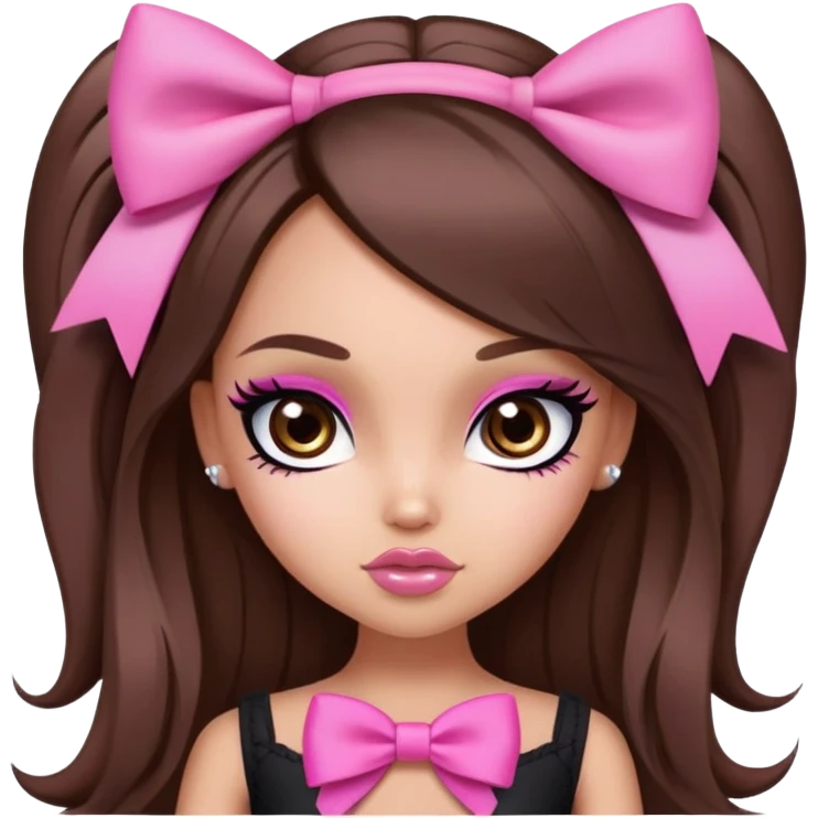 pretty bratz baddie, pink bow long hair brunette baddie with eyeliner and brown eyes emoji