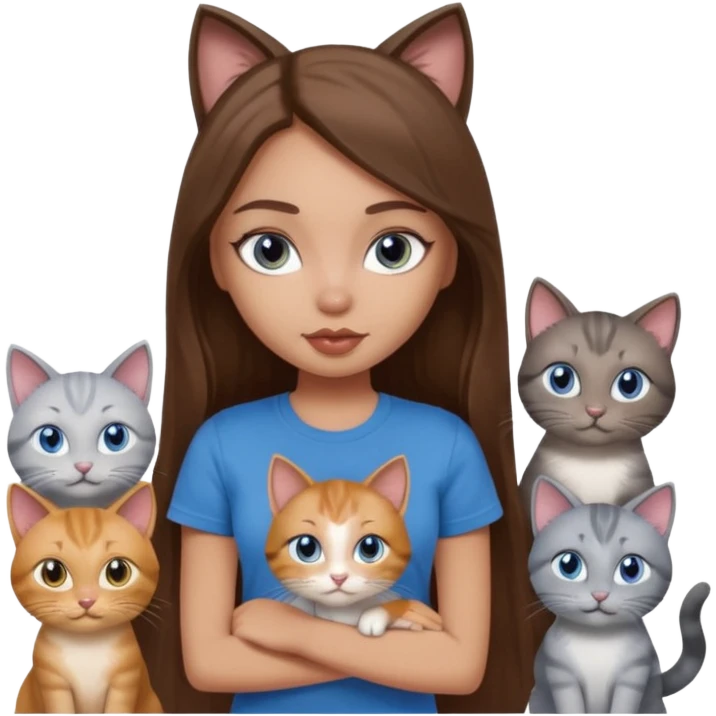 a pretty bratz dusky light skin girl with long brown hair, blue eyes with six cats nd wearing a grey tshirt emoji