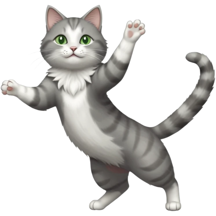 grey and white cat with green eyes doing a big extremely long stretch reaching up into the air with arms and legs side by side together straight and overextended whilst lying on its side emoji