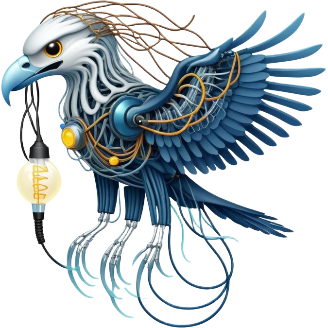 A high-tech eagle made of electric wires and cables with rubber scales that reveal its electric skeleton, possessing both jellyfish-like tendrils and the ability to generate electrical pulses that illuminate the ocean depths. emoji