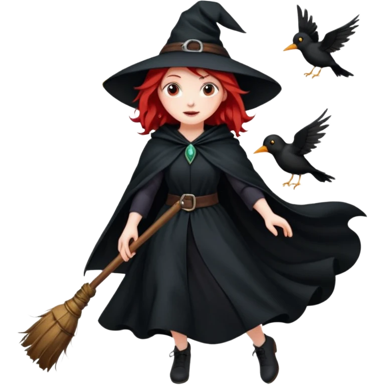 witch with red hair flying , on the background - full moon and black birds, должна лететь на метле emoji