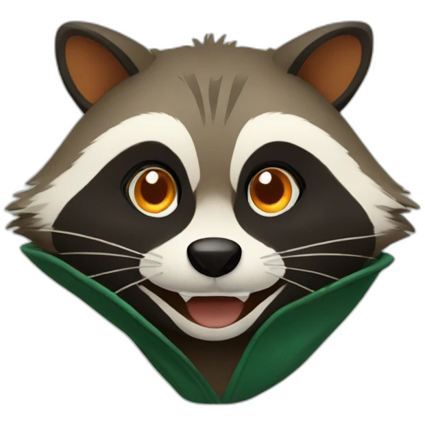 brown raccoon with orange eyes and a dark green hood that is laughing emoji