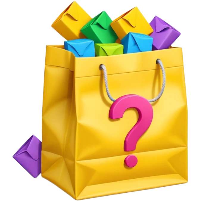 White bag with yellow questions mark cube boxes stuffed in it emoji