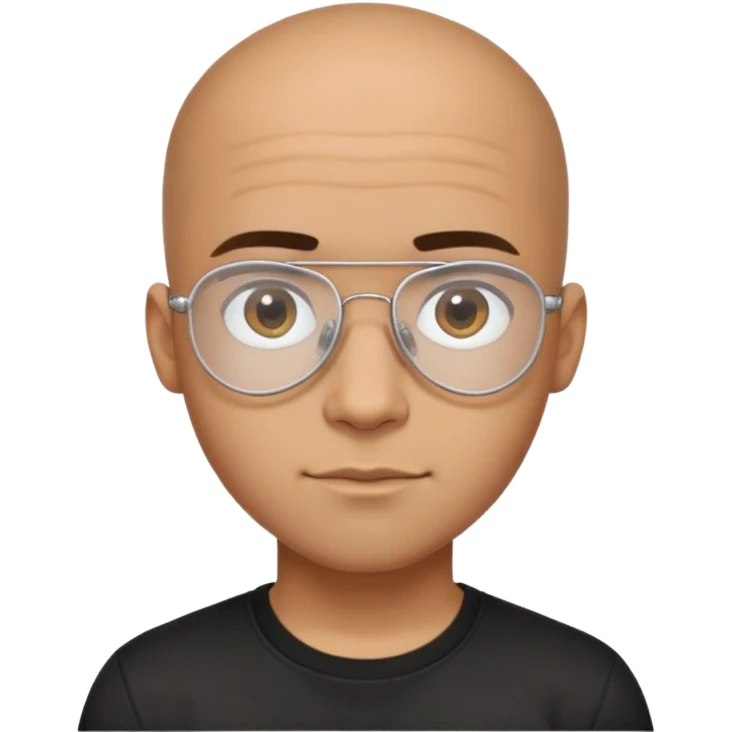 Young Latino man with small oval face and big forehead, clear lens aviator-style eyeglasses with metal frames, completely bald/shaved sides with very short curly dark hair only on top of head, neutral-friendly expression, brown skin, wearing a black t-shirt emoji