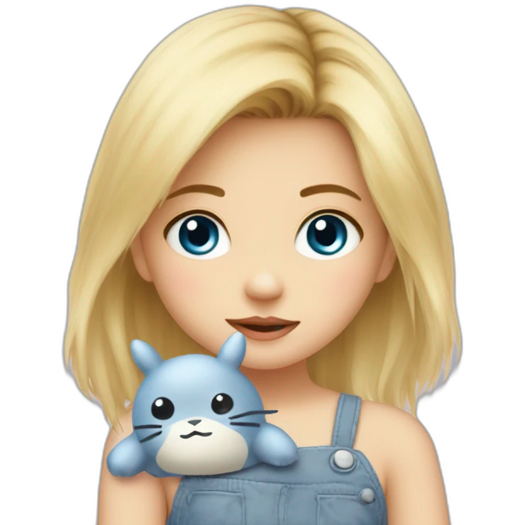 bébé fille blonde décoiffée aux yeux bleus avec une peluche Totoro  emoji