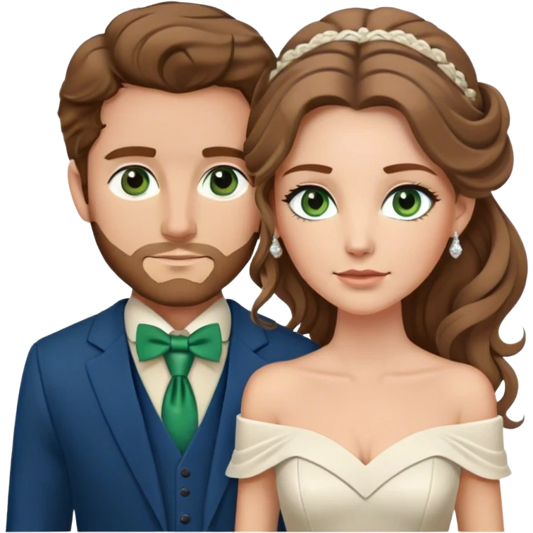 A bride and groom. Bride has brown hair with soft curls, has green eyes, wears an off shoulder dress. Groom has blond hair, has blue eyes, wears a brown suit with a brown vest and a bolo tie. emoji