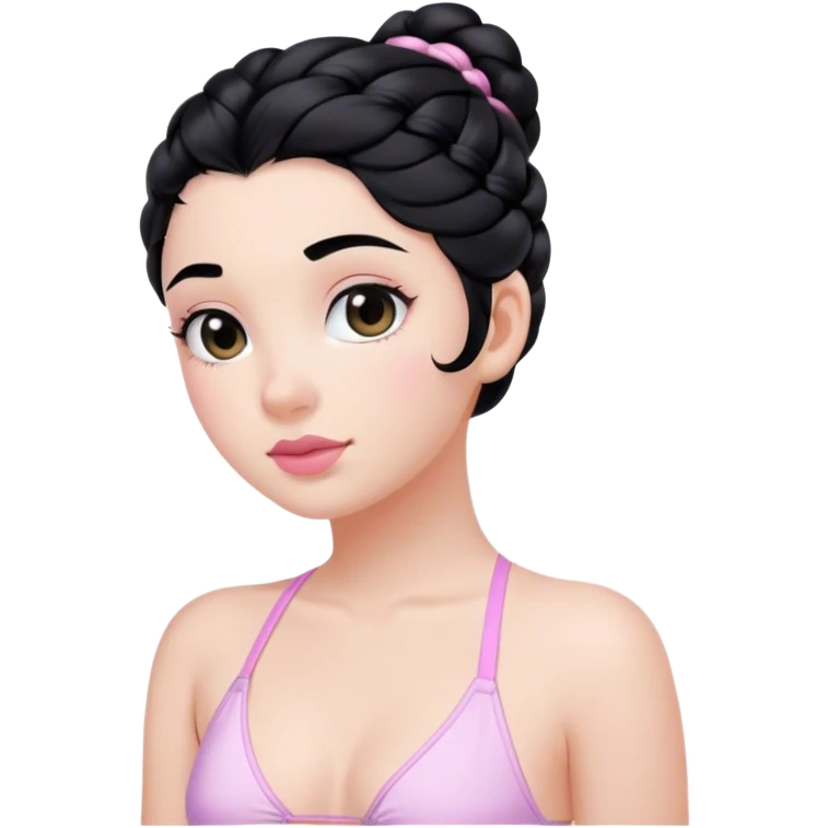 girl, with black hair and one french braid style on her hair, black eyes, soft pinkish lips, wearing white swimsuit emoji